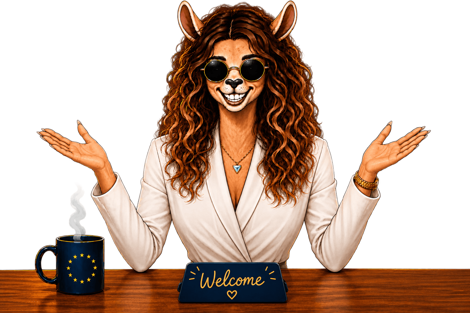 A llama in a blazer, arms raised behind a Welcome desk sign